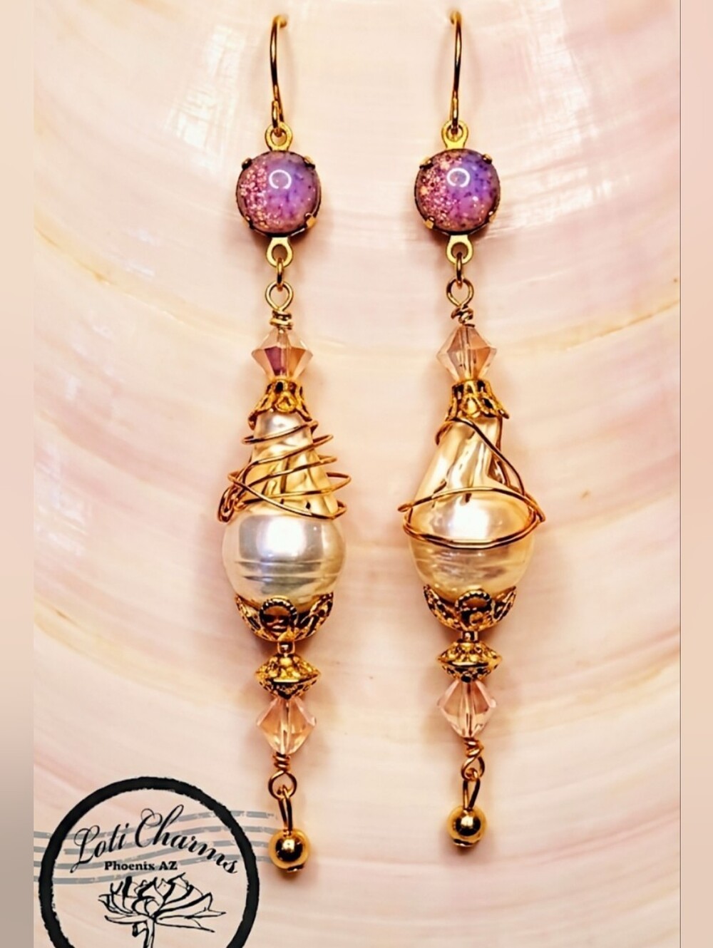 Fiery Pink Opal Glass In Long Gold Plated Earrings With Large Baroque Pearl